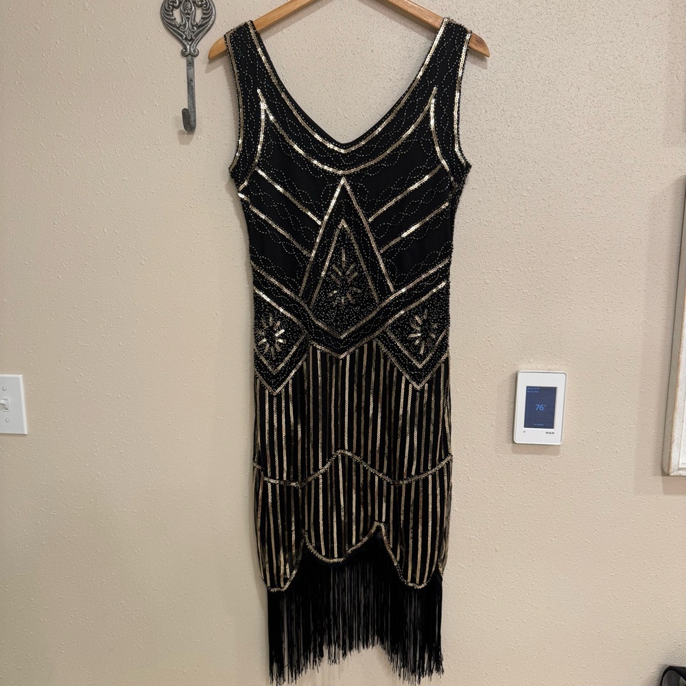 Beaded Fringe Flapper Evening Dress Black